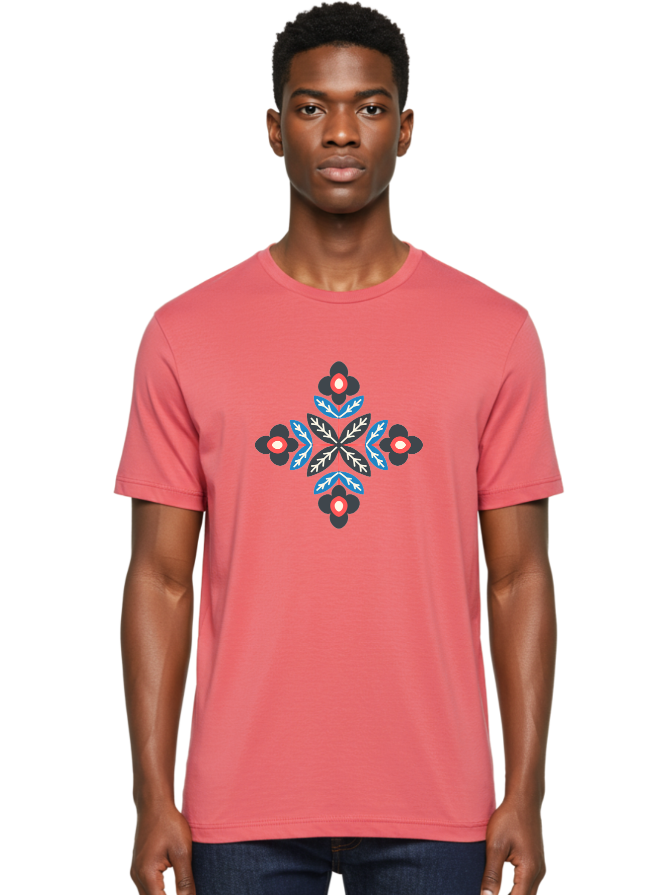Symmetrical-Floral-Pattern-1 Men'S Graphic Tee, 100% Cotton, Comfortable Casual Summer Wear, Machine Washable, Symmetrical Floral Design, Graphic Illustration, Bold Colors, Geometric Shapes, Floral Motif, Abstract Art, Vibrant Pattern, Aab799