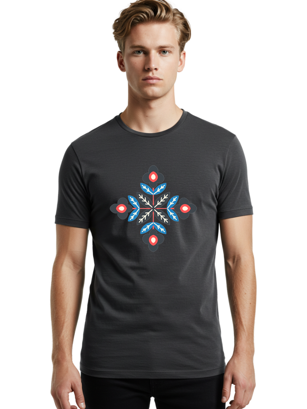 Symmetrical-Floral-Pattern-1 Men'S Graphic Tee, 100% Cotton, Comfortable Casual Summer Wear, Machine Washable, Symmetrical Floral Design, Graphic Illustration, Bold Colors, Geometric Shapes, Floral Motif, Abstract Art, Vibrant Pattern, Aab799
