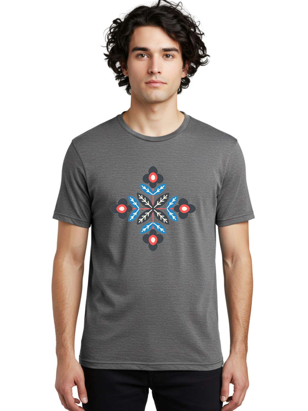 Symmetrical-Floral-Pattern-1 Men'S Graphic Tee, 100% Cotton, Comfortable Casual Summer Wear, Machine Washable, Symmetrical Floral Design, Graphic Illustration, Bold Colors, Geometric Shapes, Floral Motif, Abstract Art, Vibrant Pattern, Aab799