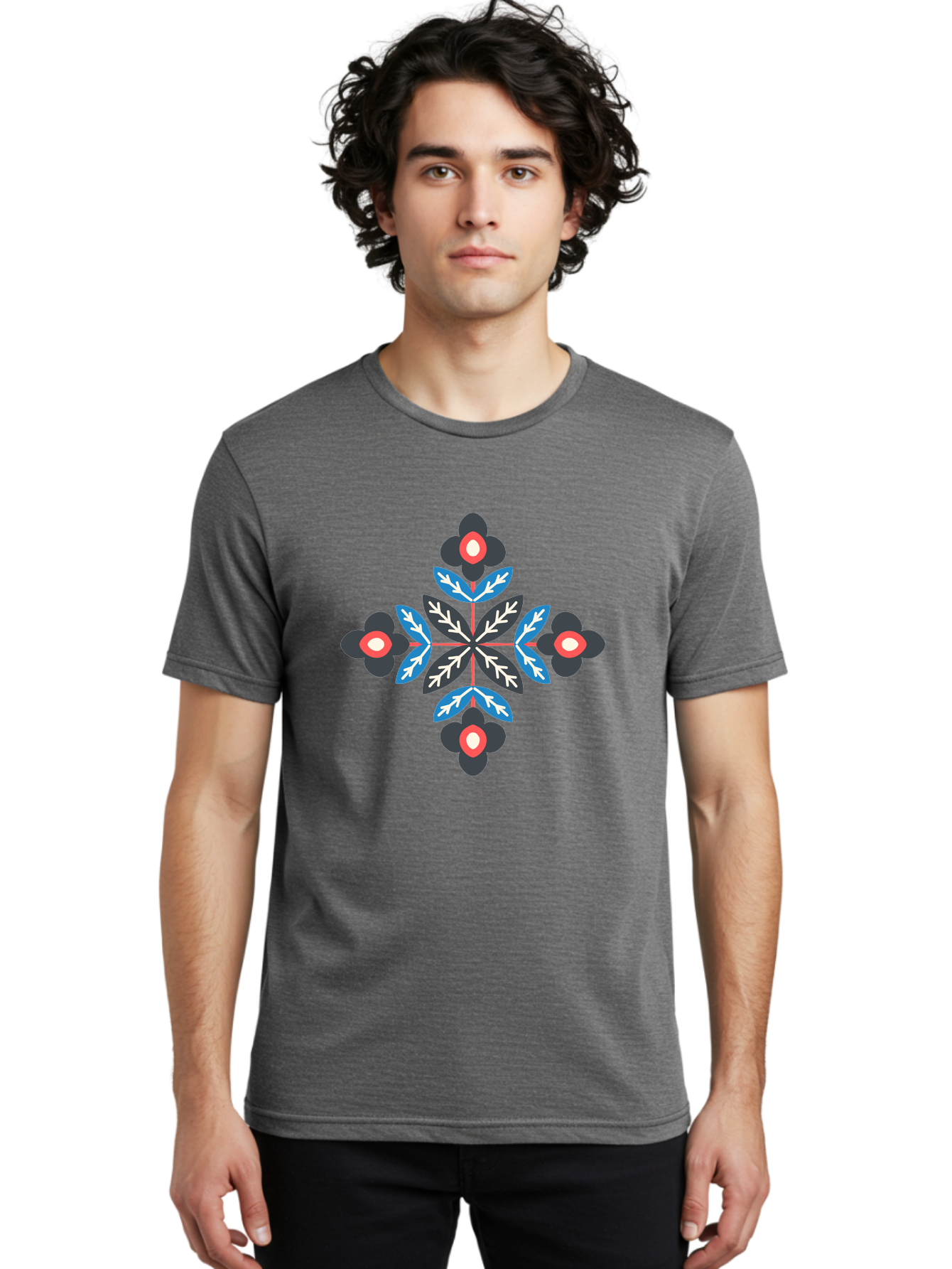 Symmetrical-Floral-Pattern-1 Men'S Graphic Tee, 100% Cotton, Comfortable Casual Summer Wear, Machine Washable, Symmetrical Floral Design, Graphic Illustration, Bold Colors, Geometric Shapes, Floral Motif, Abstract Art, Vibrant Pattern, Aab799