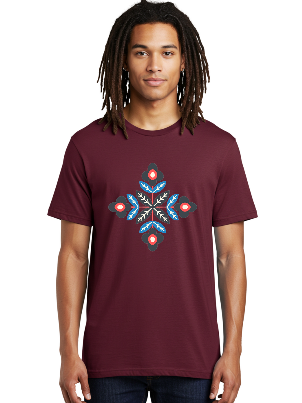 Symmetrical-Floral-Pattern-1 Men'S Graphic Tee, 100% Cotton, Comfortable Casual Summer Wear, Machine Washable, Symmetrical Floral Design, Graphic Illustration, Bold Colors, Geometric Shapes, Floral Motif, Abstract Art, Vibrant Pattern, Aab799