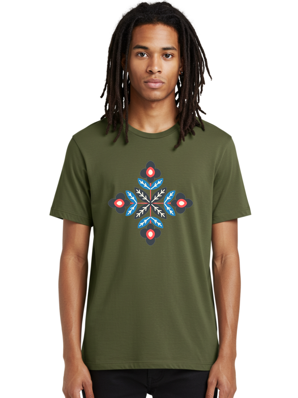 Symmetrical-Floral-Pattern-1 Men'S Graphic Tee, 100% Cotton, Comfortable Casual Summer Wear, Machine Washable, Symmetrical Floral Design, Graphic Illustration, Bold Colors, Geometric Shapes, Floral Motif, Abstract Art, Vibrant Pattern, Aab799
