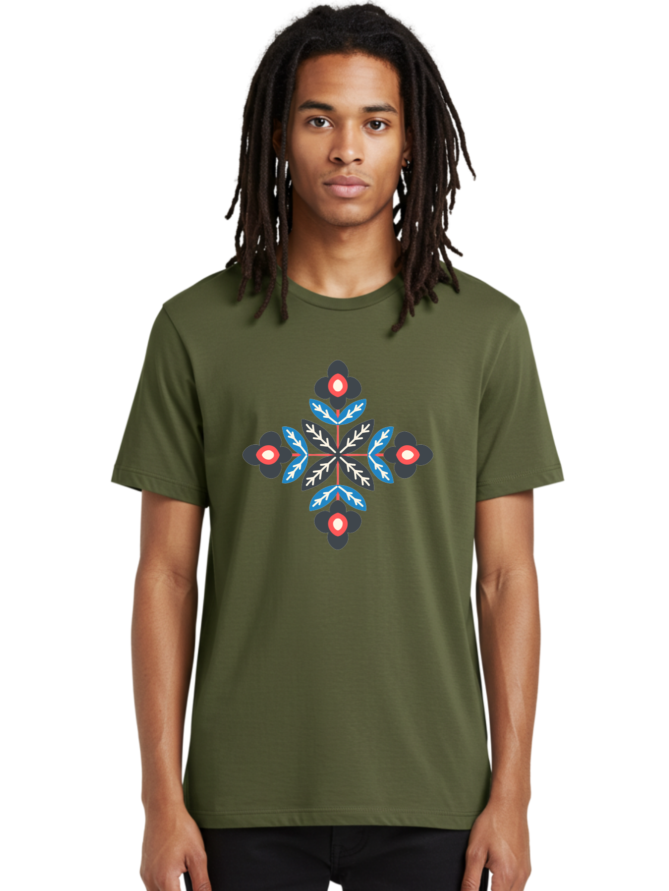 Symmetrical-Floral-Pattern-1 Men'S Graphic Tee, 100% Cotton, Comfortable Casual Summer Wear, Machine Washable, Symmetrical Floral Design, Graphic Illustration, Bold Colors, Geometric Shapes, Floral Motif, Abstract Art, Vibrant Pattern, Aab799