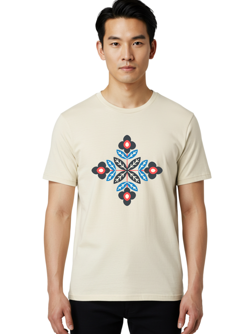 Symmetrical-Floral-Pattern-1 Men'S Graphic Tee, 100% Cotton, Comfortable Casual Summer Wear, Machine Washable, Symmetrical Floral Design, Graphic Illustration, Bold Colors, Geometric Shapes, Floral Motif, Abstract Art, Vibrant Pattern, Aab799