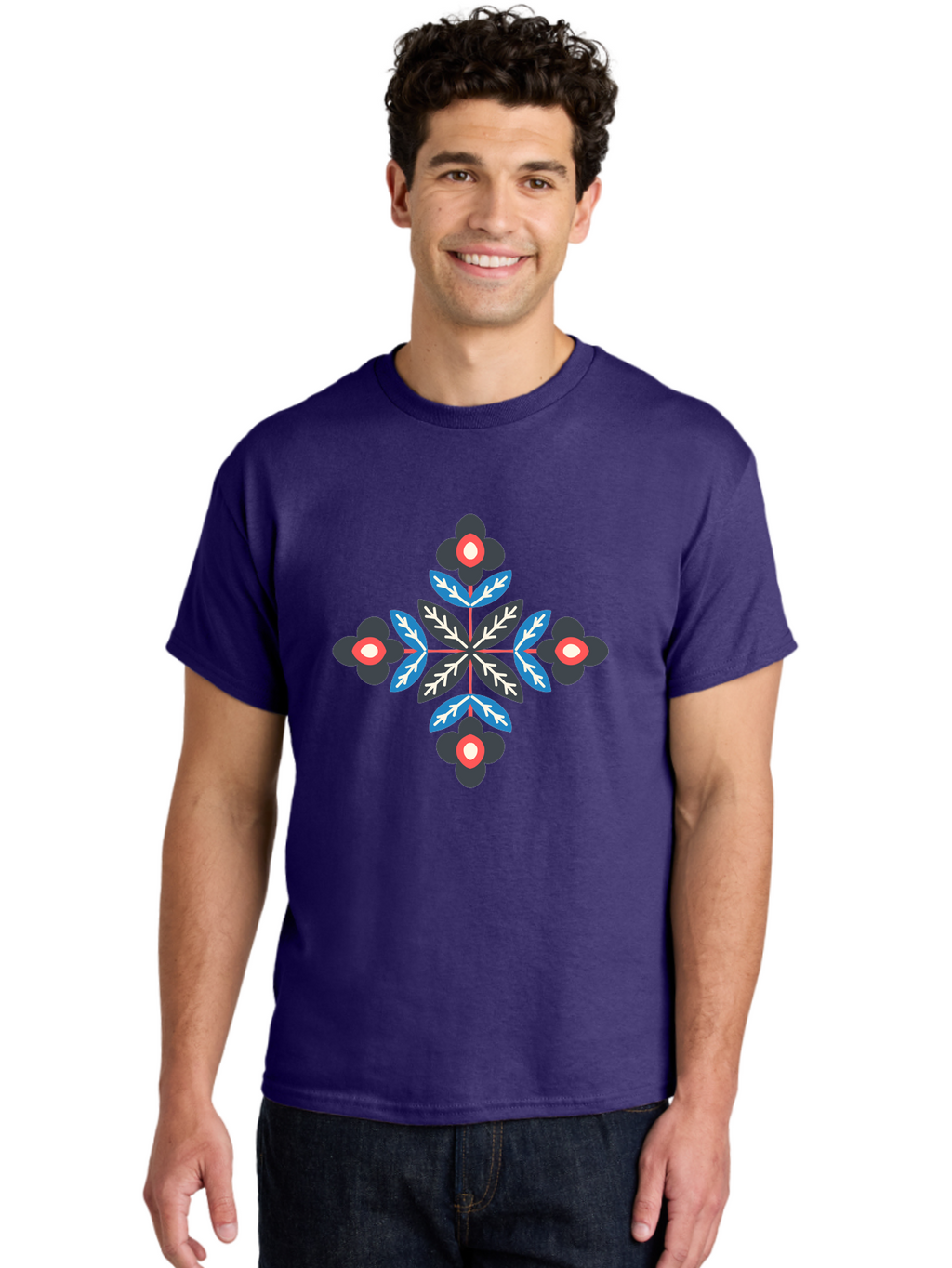 Symmetrical-Floral-Pattern-1 Men'S Graphic Tee, 100% Cotton, Comfortable Casual Summer Wear, Machine Washable, Symmetrical Floral Design, Graphic Illustration, Bold Colors, Geometric Shapes, Floral Motif, Abstract Art, Vibrant Pattern, Aab799