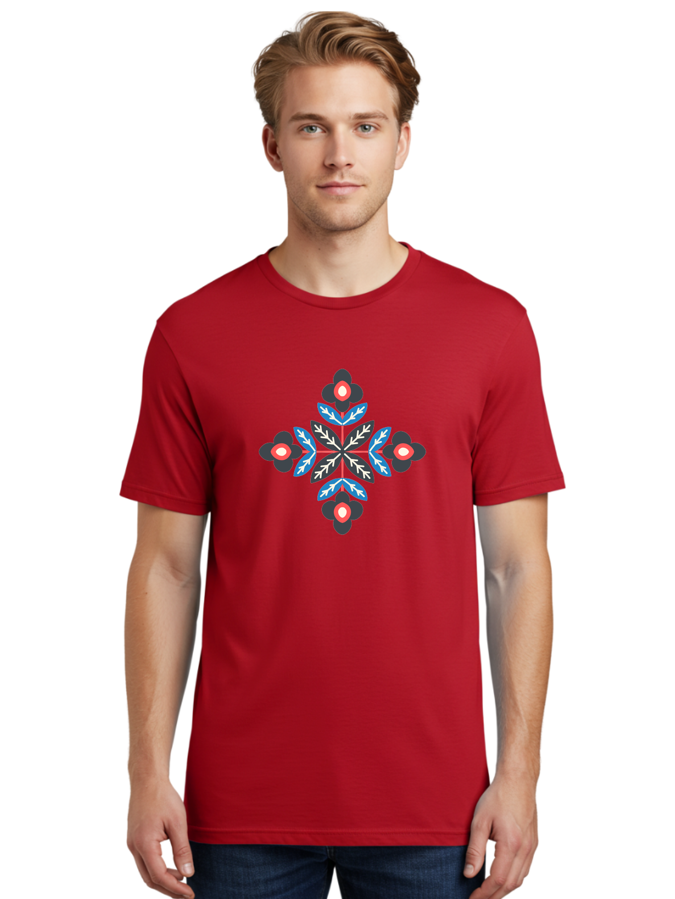 Symmetrical-Floral-Pattern-1 Men'S Graphic Tee, 100% Cotton, Comfortable Casual Summer Wear, Machine Washable, Symmetrical Floral Design, Graphic Illustration, Bold Colors, Geometric Shapes, Floral Motif, Abstract Art, Vibrant Pattern, Aab799