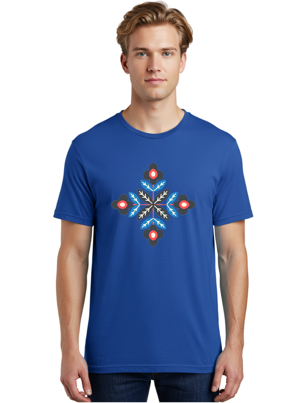 Symmetrical-Floral-Pattern-1 Men'S Graphic Tee, 100% Cotton, Comfortable Casual Summer Wear, Machine Washable, Symmetrical Floral Design, Graphic Illustration, Bold Colors, Geometric Shapes, Floral Motif, Abstract Art, Vibrant Pattern, Aab799