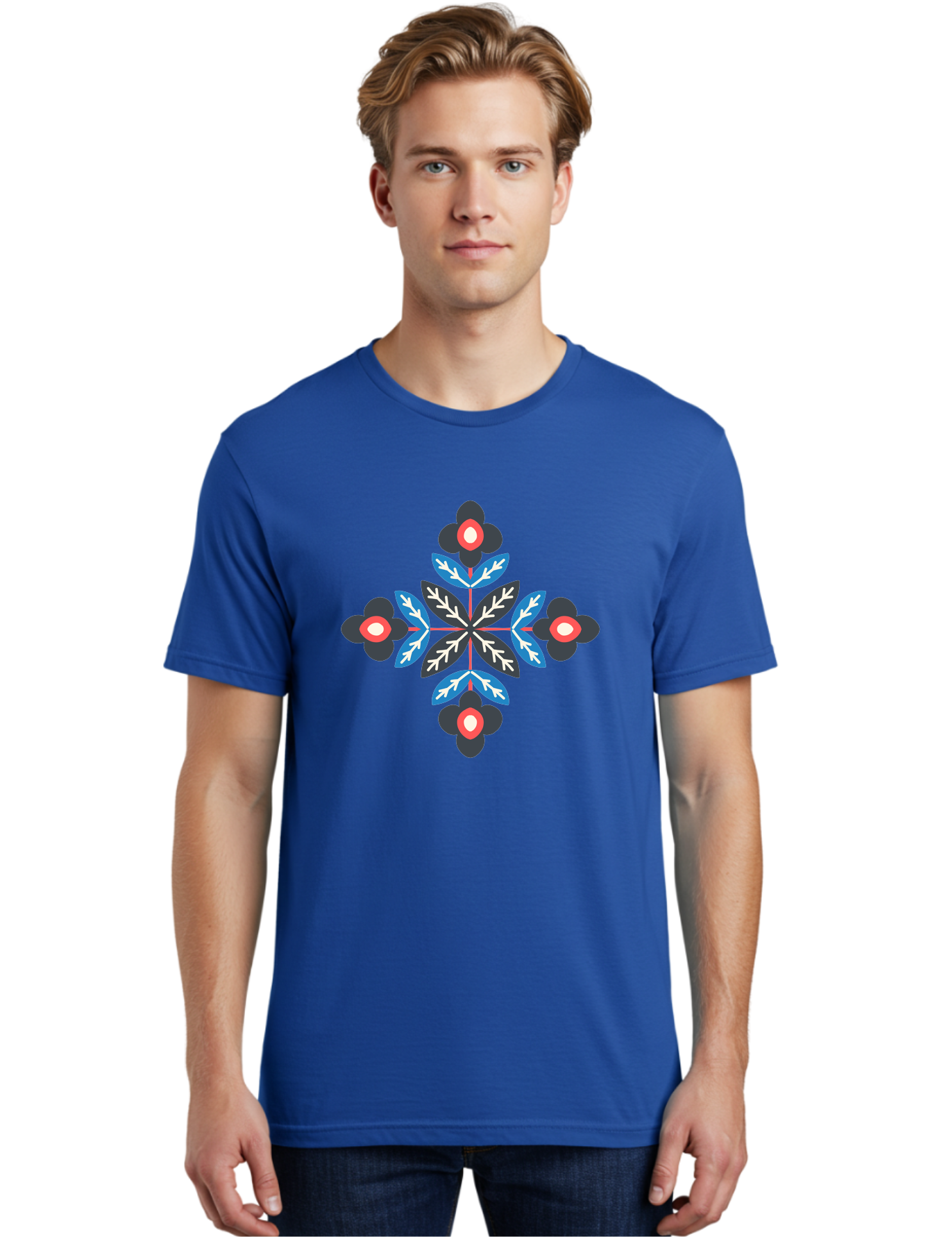 Symmetrical-Floral-Pattern-1 Men'S Graphic Tee, 100% Cotton, Comfortable Casual Summer Wear, Machine Washable, Symmetrical Floral Design, Graphic Illustration, Bold Colors, Geometric Shapes, Floral Motif, Abstract Art, Vibrant Pattern, Aab799
