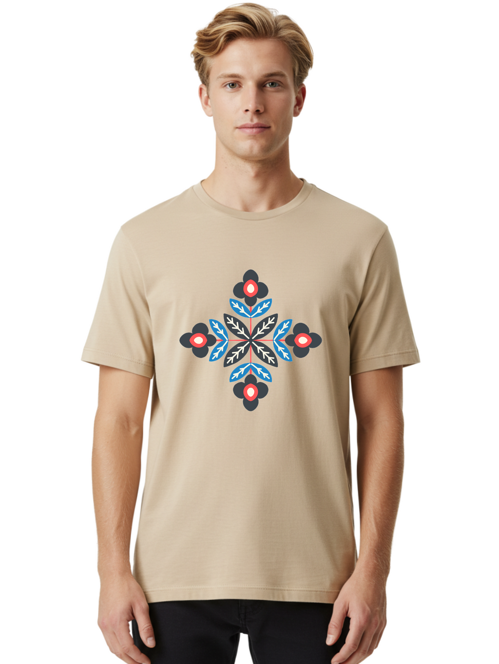 Symmetrical-Floral-Pattern-1 Men'S Graphic Tee, 100% Cotton, Comfortable Casual Summer Wear, Machine Washable, Symmetrical Floral Design, Graphic Illustration, Bold Colors, Geometric Shapes, Floral Motif, Abstract Art, Vibrant Pattern, Aab799