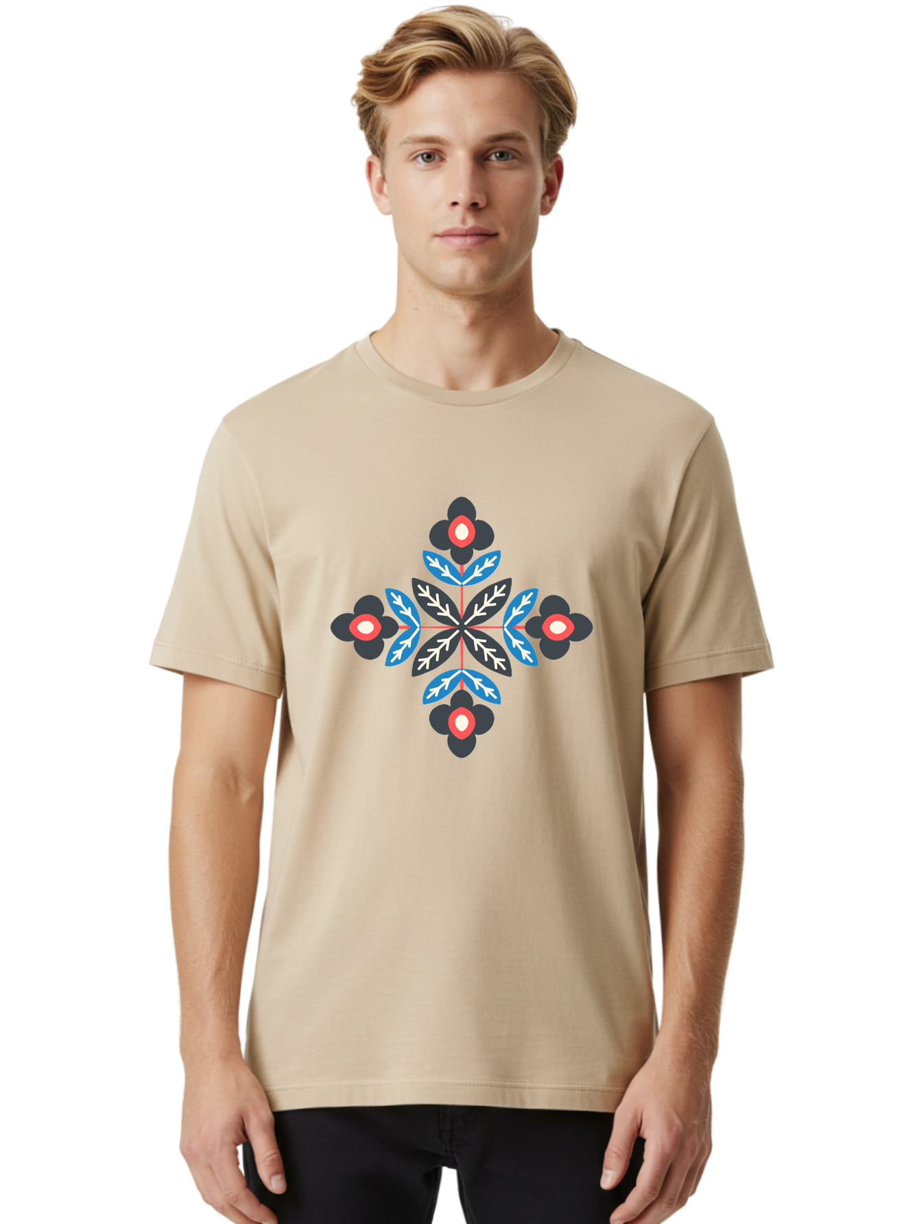 Symmetrical-Floral-Pattern-1 Men'S Graphic Tee, 100% Cotton, Comfortable Casual Summer Wear, Machine Washable, Symmetrical Floral Design, Graphic Illustration, Bold Colors, Geometric Shapes, Floral Motif, Abstract Art, Vibrant Pattern, Aab799