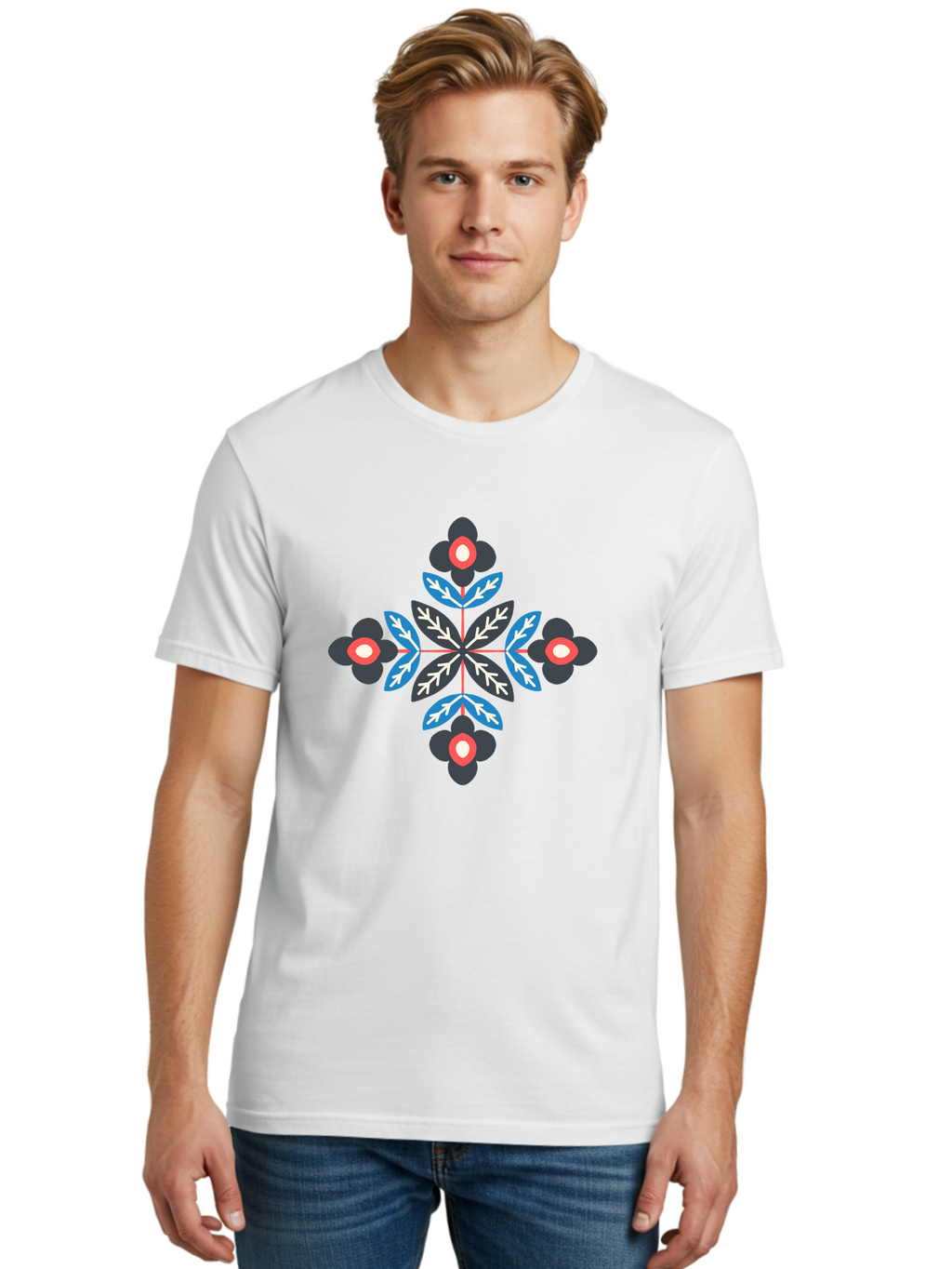 Symmetrical-Floral-Pattern-1 Men'S Graphic Tee, 100% Cotton, Comfortable Casual Summer Wear, Machine Washable, Symmetrical Floral Design, Graphic Illustration, Bold Colors, Geometric Shapes, Floral Motif, Abstract Art, Vibrant Pattern, Aab799