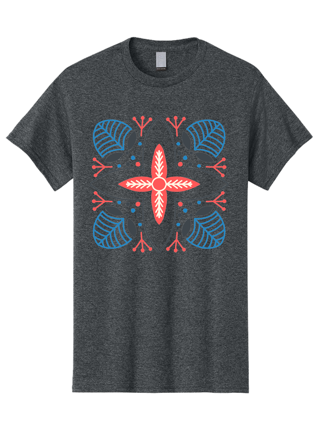 Symmetrical-Floral-Pattern Men'S Graphic Tee, 100% Cotton, Comfortable Casual Summer Wear, Machine Washable, Symmetrical Floral Design, Vibrant Red And Blue Hues, Stylized Leaves, Intricate Patterns, Geometric Shapes, Abstract Art, Aab800