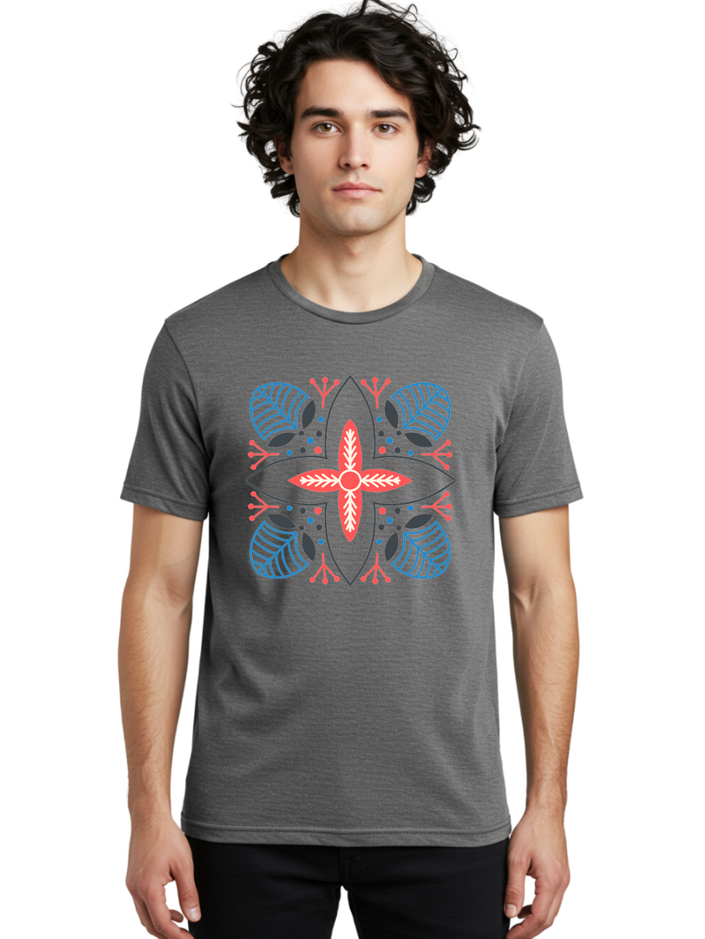 Symmetrical-Floral-Pattern Men'S Graphic Tee, 100% Cotton, Comfortable Casual Summer Wear, Machine Washable, Symmetrical Floral Design, Vibrant Red And Blue Hues, Stylized Leaves, Intricate Patterns, Geometric Shapes, Abstract Art, Aab800