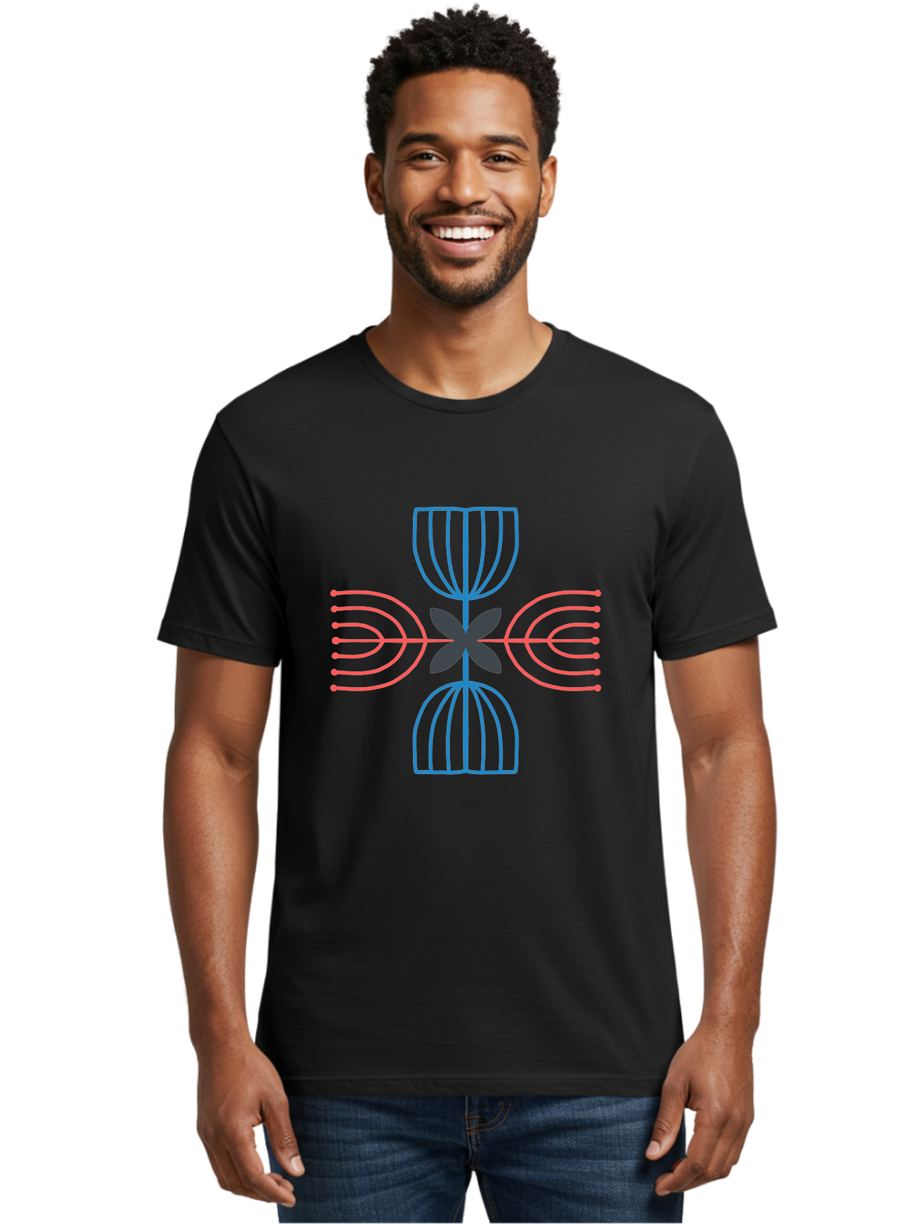 Symmetrical-Logo-Design Men'S Graphic Tee, 100% Cotton, Comfortable Casual Summer Wear, Machine Washable, Symmetrical Design, Geometric Shapes, Abstract Art, Floral Motif, Pink And Blue Lines, Black Flower, Modern Graphics, Aab801