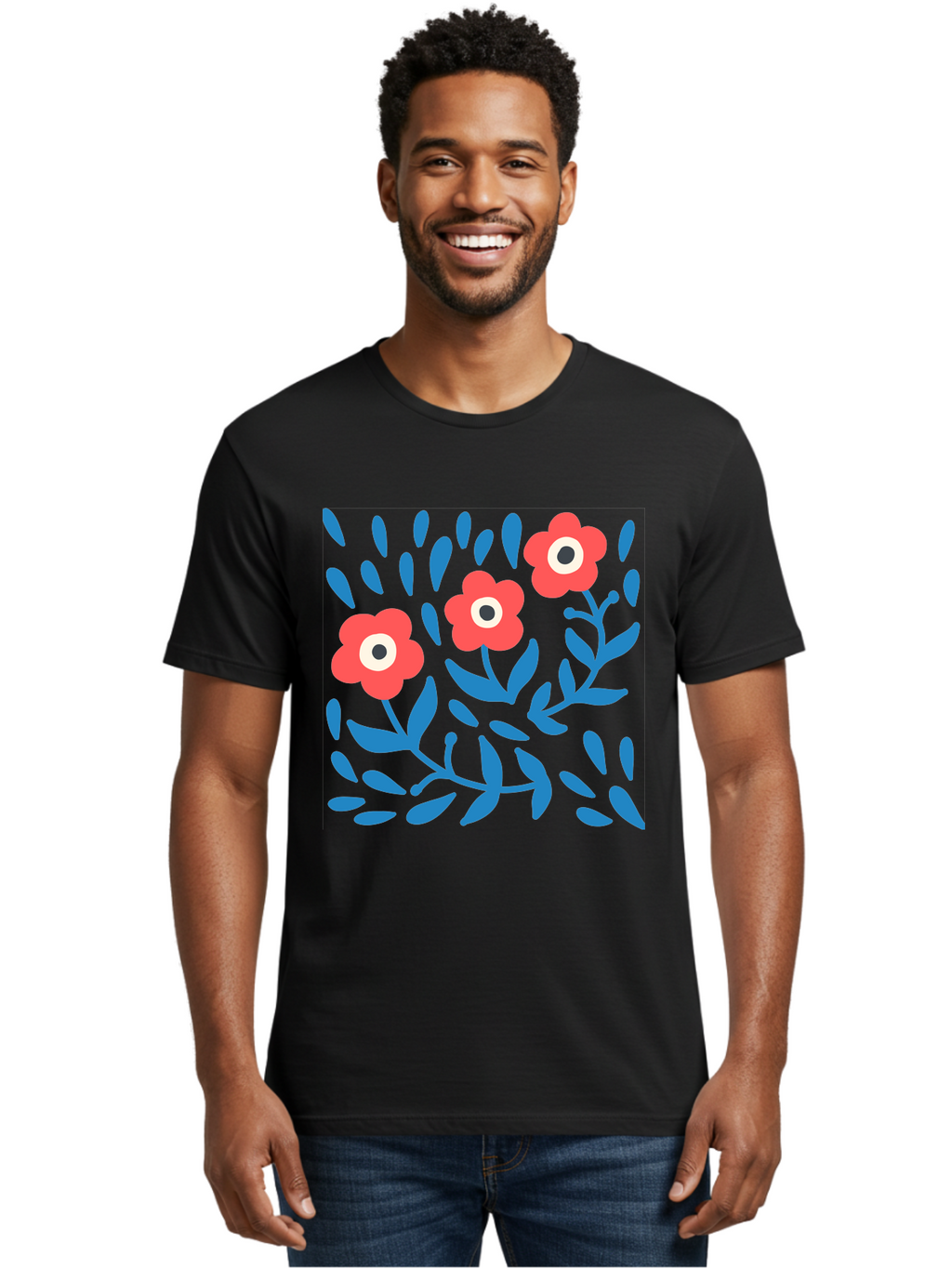 Three-Red-Flowers-1 Men'S Graphic Tee, 100% Cotton, Comfortable Casual Summer Wear, Machine Washable, Red Flowers, Blue Leaves, Floral Pattern, Abstract Design, Vibrant Colors, Whimsical Art, Playful Graphics, Folk Art Style Aab803