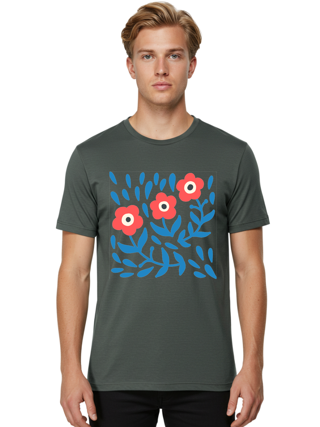 Three-Red-Flowers-1 Men'S Graphic Tee, 100% Cotton, Comfortable Casual Summer Wear, Machine Washable, Red Flowers, Blue Leaves, Floral Pattern, Abstract Design, Vibrant Colors, Whimsical Art, Playful Graphics, Folk Art Style Aab803