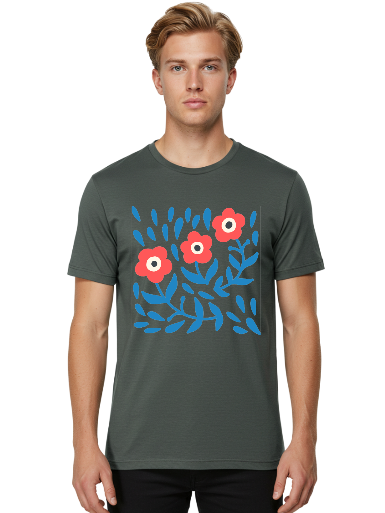 Three-Red-Flowers-1 Men'S Graphic Tee, 100% Cotton, Comfortable Casual Summer Wear, Machine Washable, Red Flowers, Blue Leaves, Floral Pattern, Abstract Design, Vibrant Colors, Whimsical Art, Playful Graphics, Folk Art Style Aab803