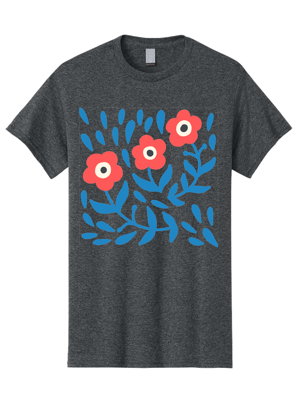Three-Red-Flowers-1 Men'S Graphic Tee, 100% Cotton, Comfortable Casual Summer Wear, Machine Washable, Red Flowers, Blue Leaves, Floral Pattern, Abstract Design, Vibrant Colors, Whimsical Art, Playful Graphics, Folk Art Style Aab803