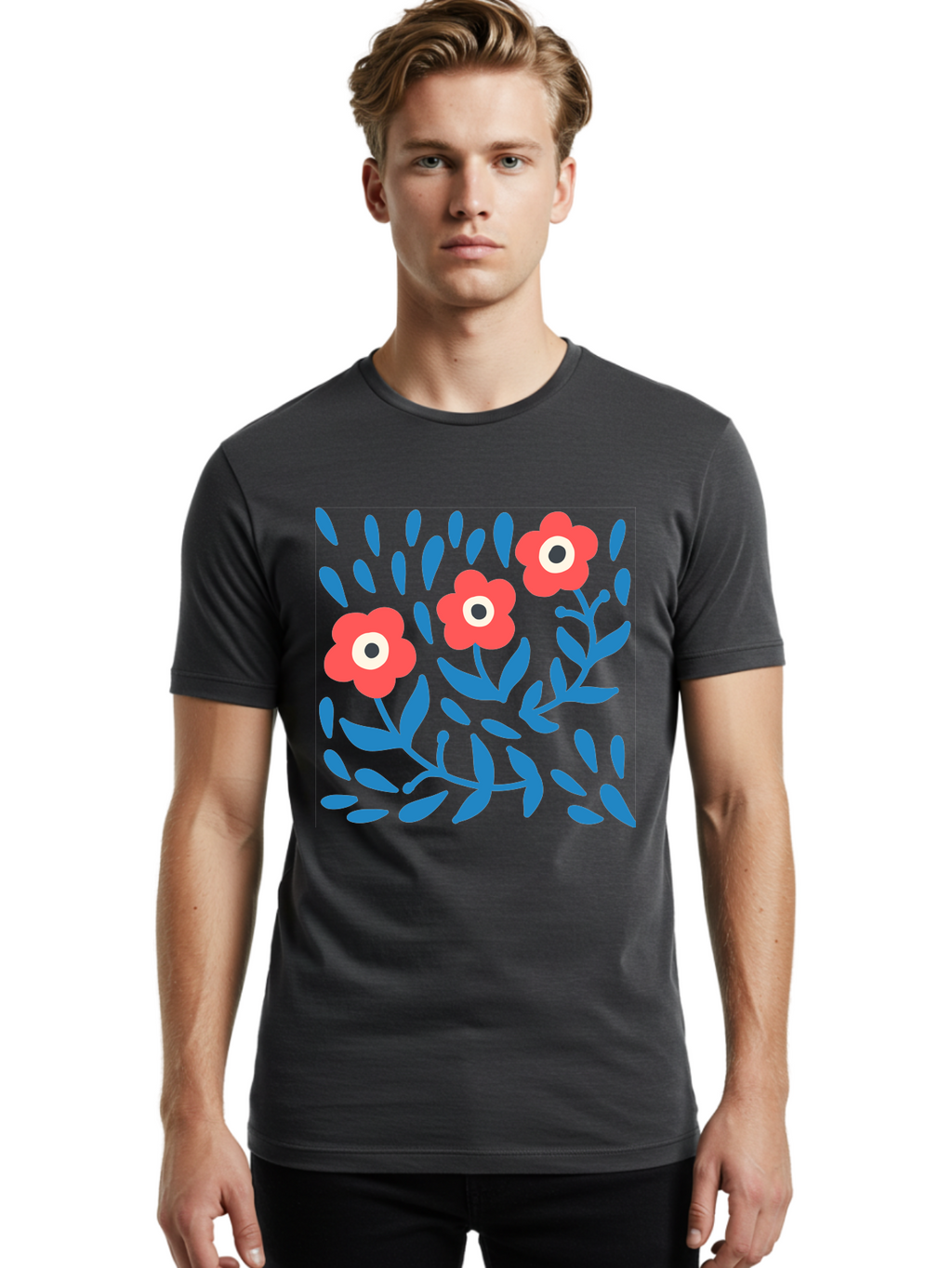 Three-Red-Flowers-1 Men'S Graphic Tee, 100% Cotton, Comfortable Casual Summer Wear, Machine Washable, Red Flowers, Blue Leaves, Floral Pattern, Abstract Design, Vibrant Colors, Whimsical Art, Playful Graphics, Folk Art Style Aab803