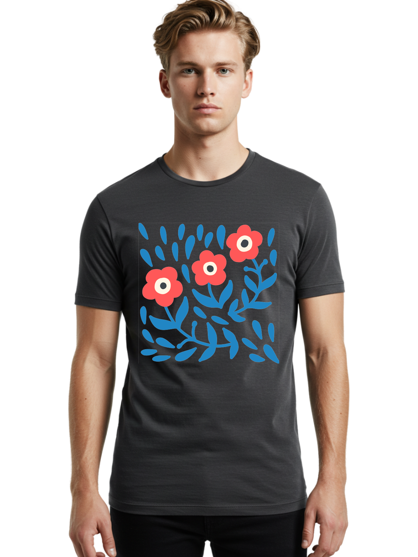 Three-Red-Flowers-1 Men'S Graphic Tee, 100% Cotton, Comfortable Casual Summer Wear, Machine Washable, Red Flowers, Blue Leaves, Floral Pattern, Abstract Design, Vibrant Colors, Whimsical Art, Playful Graphics, Folk Art Style Aab803