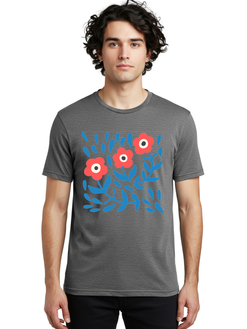 Three-Red-Flowers-1 Men'S Graphic Tee, 100% Cotton, Comfortable Casual Summer Wear, Machine Washable, Red Flowers, Blue Leaves, Floral Pattern, Abstract Design, Vibrant Colors, Whimsical Art, Playful Graphics, Folk Art Style Aab803