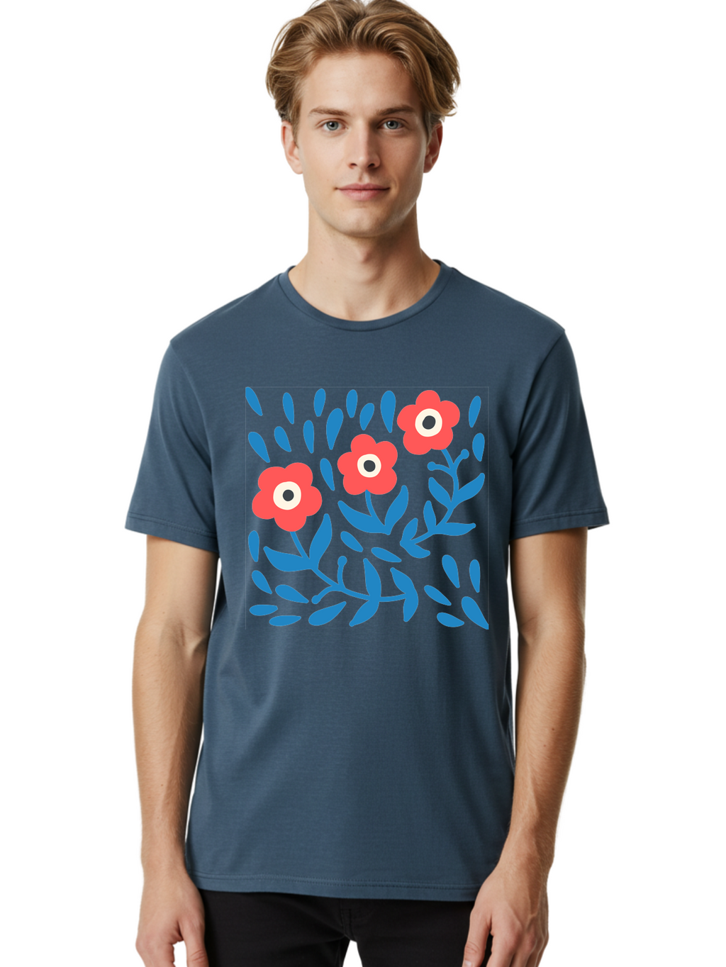 Three-Red-Flowers-1 Men'S Graphic Tee, 100% Cotton, Comfortable Casual Summer Wear, Machine Washable, Red Flowers, Blue Leaves, Floral Pattern, Abstract Design, Vibrant Colors, Whimsical Art, Playful Graphics, Folk Art Style Aab803
