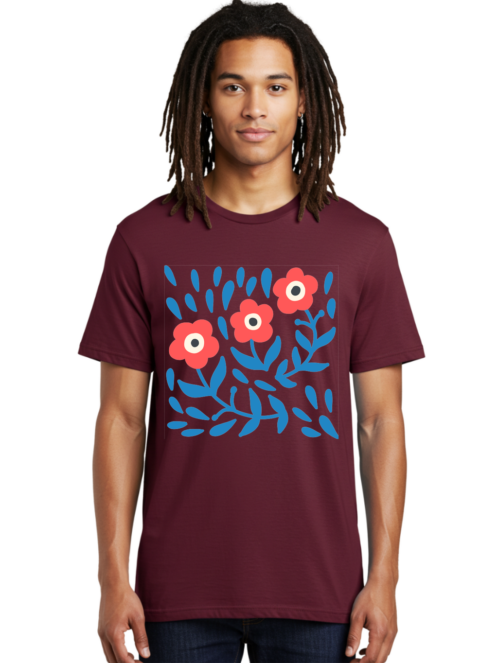 Three-Red-Flowers-1 Men'S Graphic Tee, 100% Cotton, Comfortable Casual Summer Wear, Machine Washable, Red Flowers, Blue Leaves, Floral Pattern, Abstract Design, Vibrant Colors, Whimsical Art, Playful Graphics, Folk Art Style Aab803