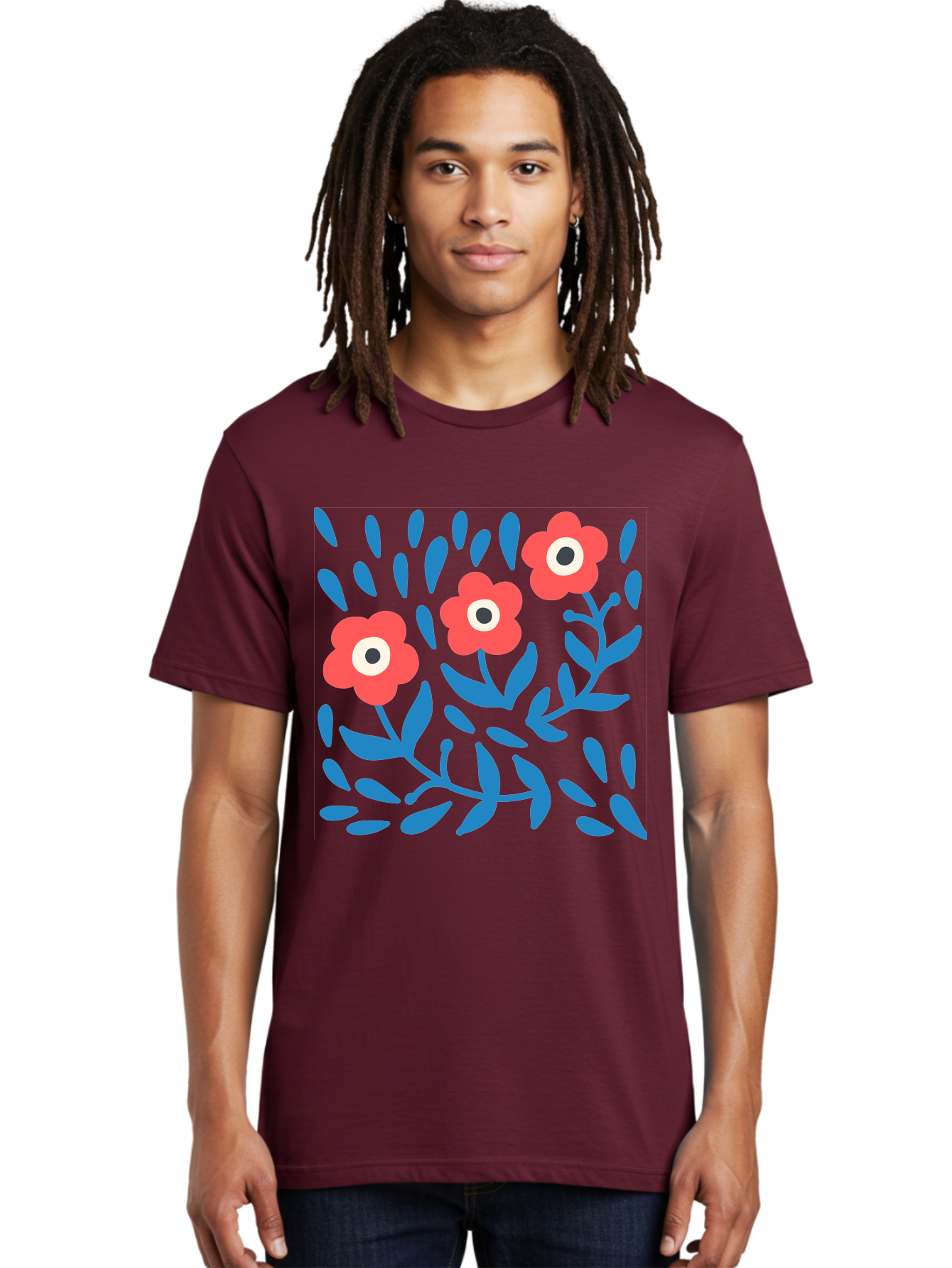 Three-Red-Flowers-1 Men'S Graphic Tee, 100% Cotton, Comfortable Casual Summer Wear, Machine Washable, Red Flowers, Blue Leaves, Floral Pattern, Abstract Design, Vibrant Colors, Whimsical Art, Playful Graphics, Folk Art Style Aab803