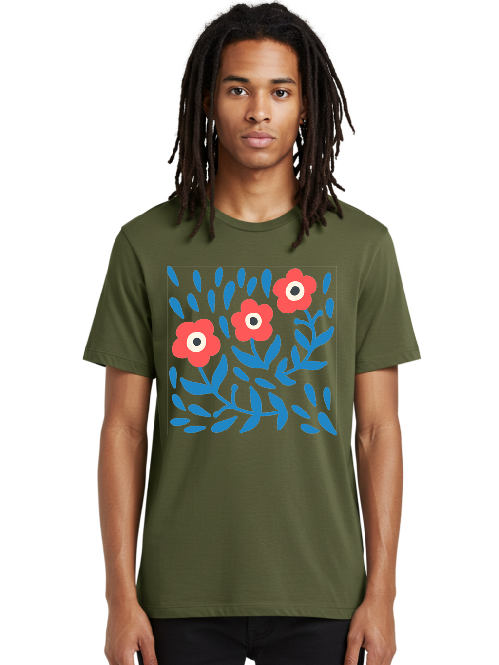 Three-Red-Flowers-1 Men'S Graphic Tee, 100% Cotton, Comfortable Casual Summer Wear, Machine Washable, Red Flowers, Blue Leaves, Floral Pattern, Abstract Design, Vibrant Colors, Whimsical Art, Playful Graphics, Folk Art Style Aab803