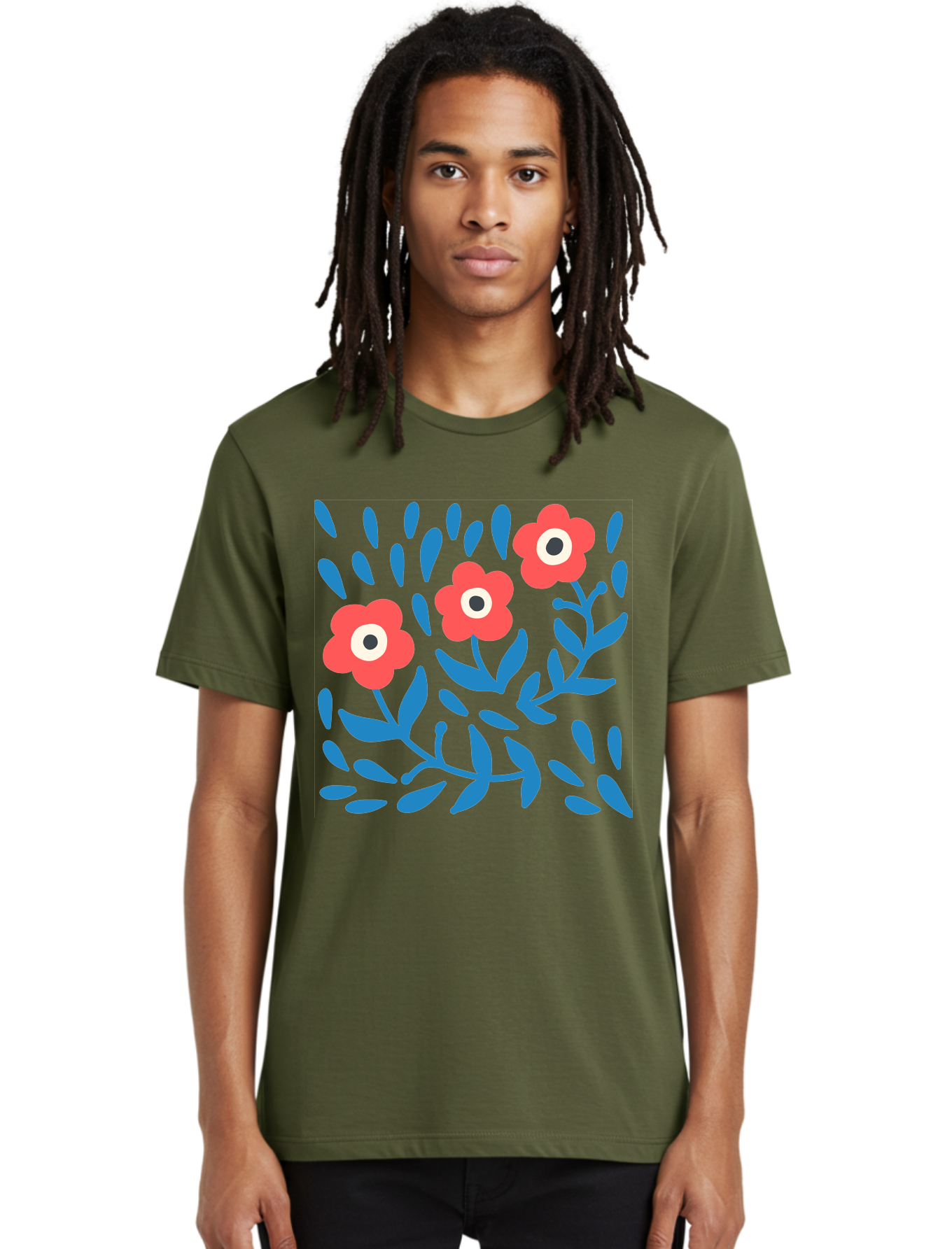 Three-Red-Flowers-1 Men'S Graphic Tee, 100% Cotton, Comfortable Casual Summer Wear, Machine Washable, Red Flowers, Blue Leaves, Floral Pattern, Abstract Design, Vibrant Colors, Whimsical Art, Playful Graphics, Folk Art Style Aab803