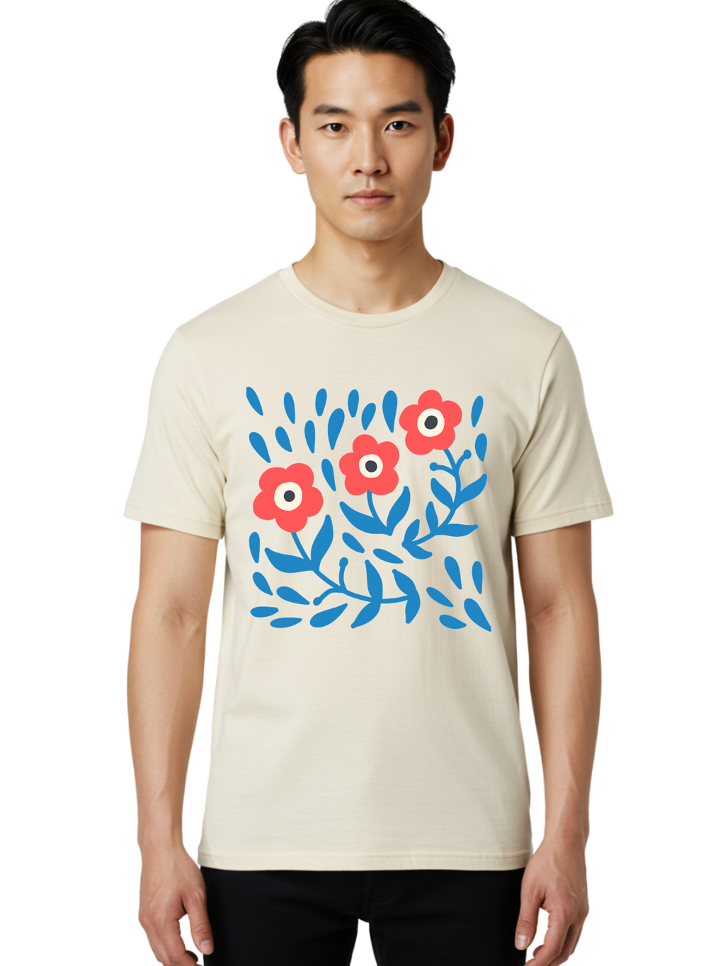 Three-Red-Flowers-1 Men'S Graphic Tee, 100% Cotton, Comfortable Casual Summer Wear, Machine Washable, Red Flowers, Blue Leaves, Floral Pattern, Abstract Design, Vibrant Colors, Whimsical Art, Playful Graphics, Folk Art Style Aab803