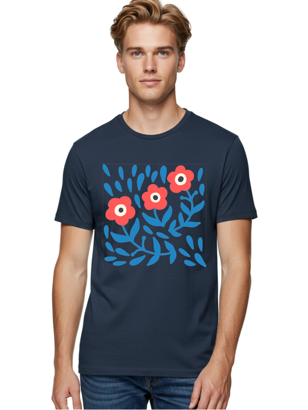 Three-Red-Flowers-1 Men'S Graphic Tee, 100% Cotton, Comfortable Casual Summer Wear, Machine Washable, Red Flowers, Blue Leaves, Floral Pattern, Abstract Design, Vibrant Colors, Whimsical Art, Playful Graphics, Folk Art Style Aab803