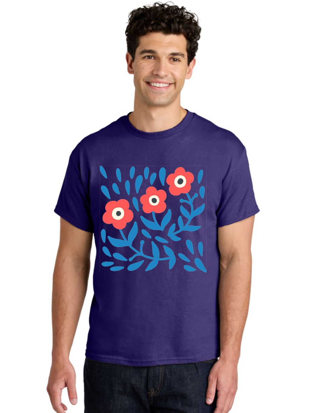 Three-Red-Flowers-1 Men'S Graphic Tee, 100% Cotton, Comfortable Casual Summer Wear, Machine Washable, Red Flowers, Blue Leaves, Floral Pattern, Abstract Design, Vibrant Colors, Whimsical Art, Playful Graphics, Folk Art Style Aab803