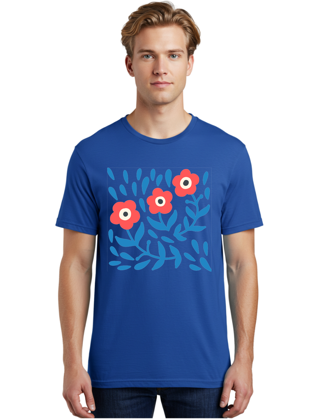 Three-Red-Flowers-1 Men'S Graphic Tee, 100% Cotton, Comfortable Casual Summer Wear, Machine Washable, Red Flowers, Blue Leaves, Floral Pattern, Abstract Design, Vibrant Colors, Whimsical Art, Playful Graphics, Folk Art Style Aab803