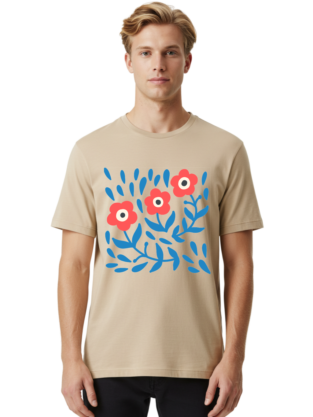 Three-Red-Flowers-1 Men'S Graphic Tee, 100% Cotton, Comfortable Casual Summer Wear, Machine Washable, Red Flowers, Blue Leaves, Floral Pattern, Abstract Design, Vibrant Colors, Whimsical Art, Playful Graphics, Folk Art Style Aab803