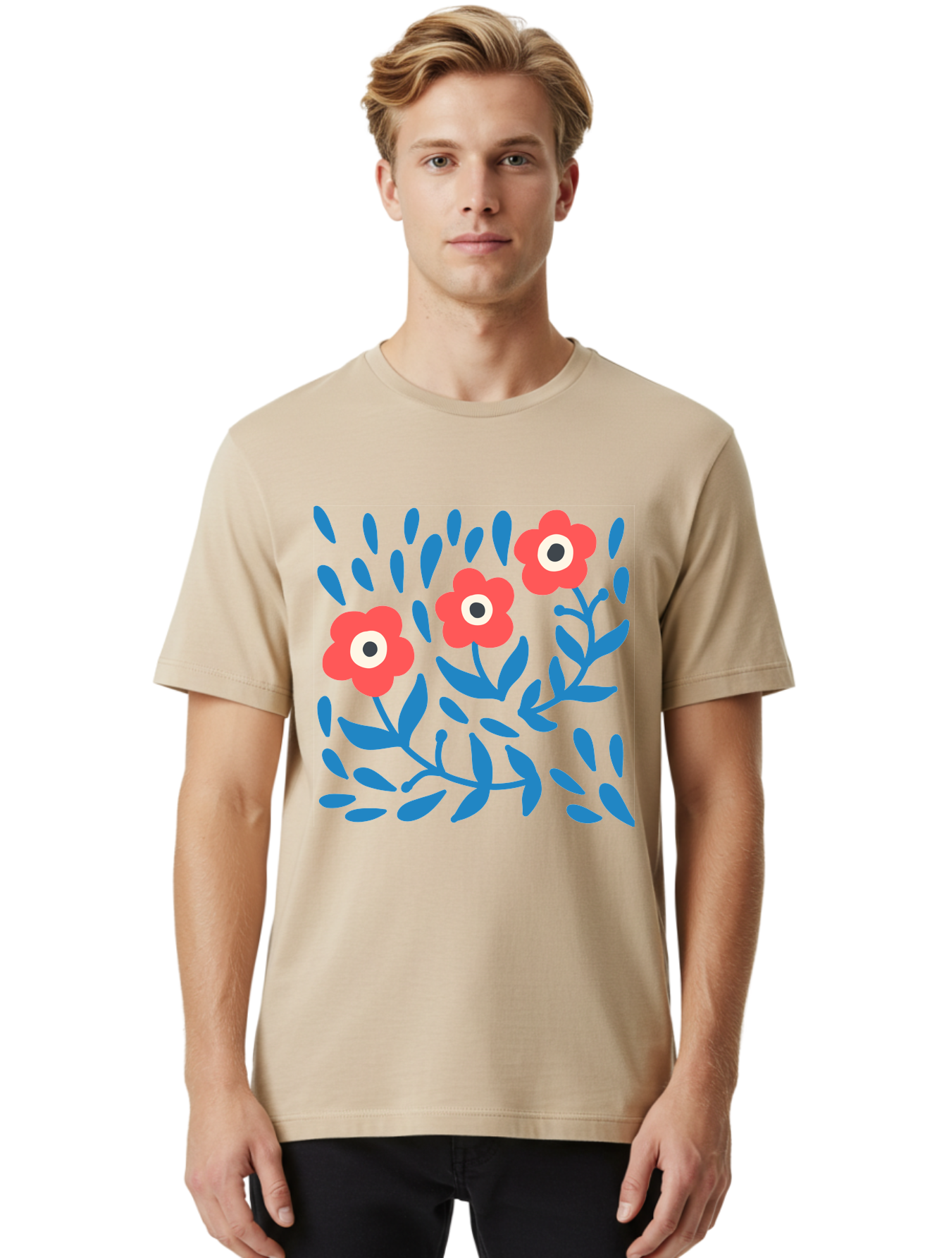 Three-Red-Flowers-1 Men'S Graphic Tee, 100% Cotton, Comfortable Casual Summer Wear, Machine Washable, Red Flowers, Blue Leaves, Floral Pattern, Abstract Design, Vibrant Colors, Whimsical Art, Playful Graphics, Folk Art Style Aab803