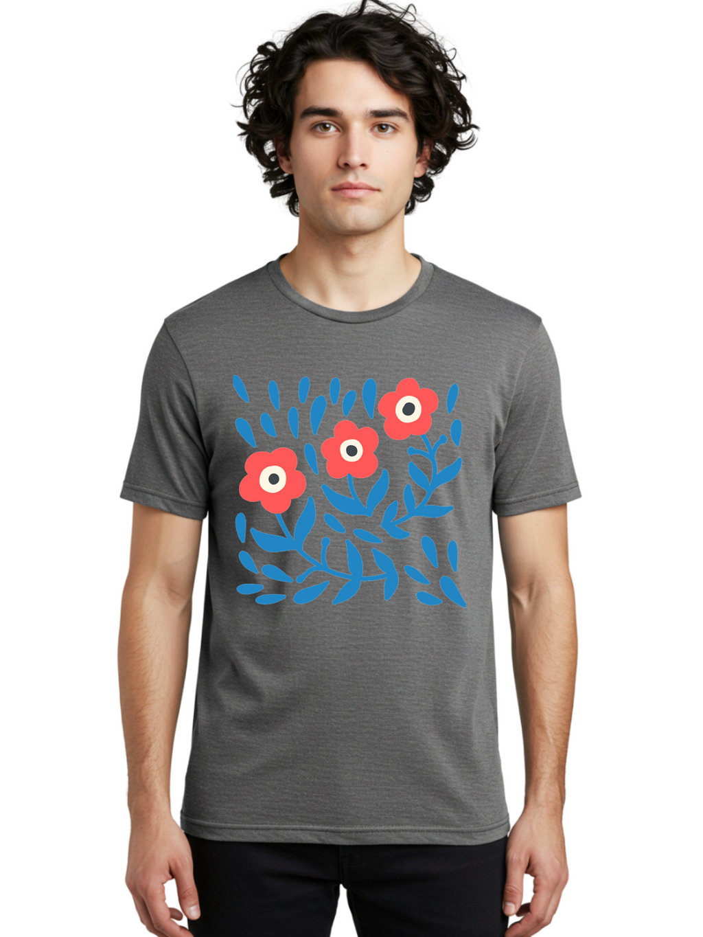 Three-Red-Flowers Men'S Graphic Tee, 100% Cotton, Comfortable Casual Summer Wear, Machine Washable, Red Flowers, Blue Leaves, Floral Pattern, Abstract Design, Minimalist Art, Vibrant Colors, Playful Style, Whimsical Illustration, Spring Theme, Aab804
