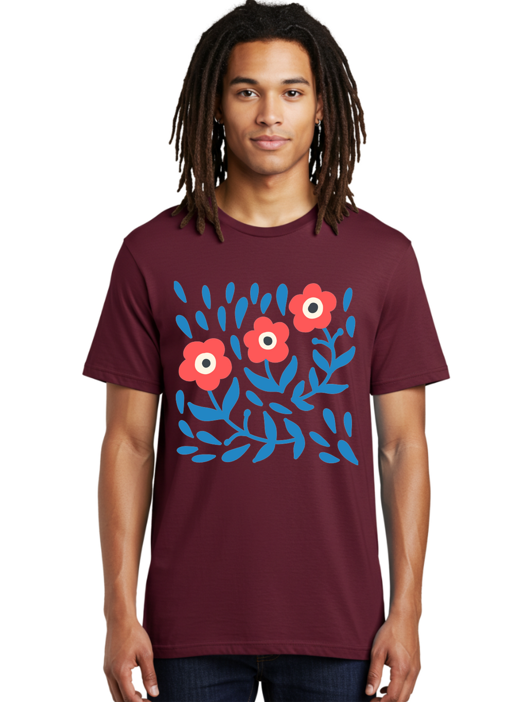 Three-Red-Flowers Men'S Graphic Tee, 100% Cotton, Comfortable Casual Summer Wear, Machine Washable, Red Flowers, Blue Leaves, Floral Pattern, Abstract Design, Minimalist Art, Vibrant Colors, Playful Style, Whimsical Illustration, Spring Theme, Aab804
