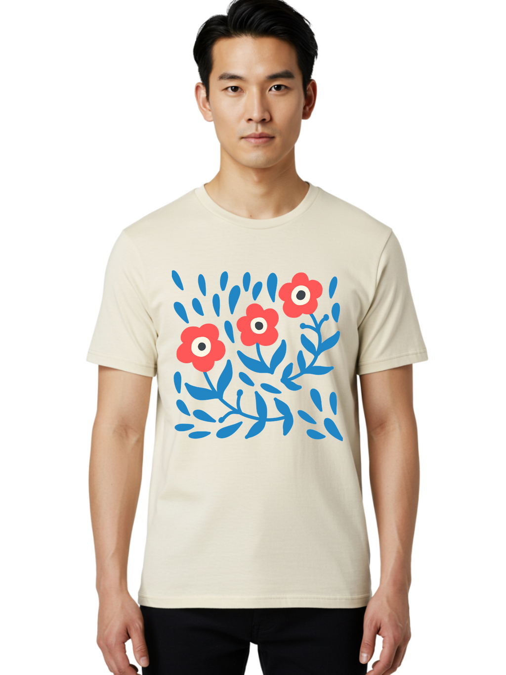 Three-Red-Flowers Men'S Graphic Tee, 100% Cotton, Comfortable Casual Summer Wear, Machine Washable, Red Flowers, Blue Leaves, Floral Pattern, Abstract Design, Minimalist Art, Vibrant Colors, Playful Style, Whimsical Illustration, Spring Theme, Aab804