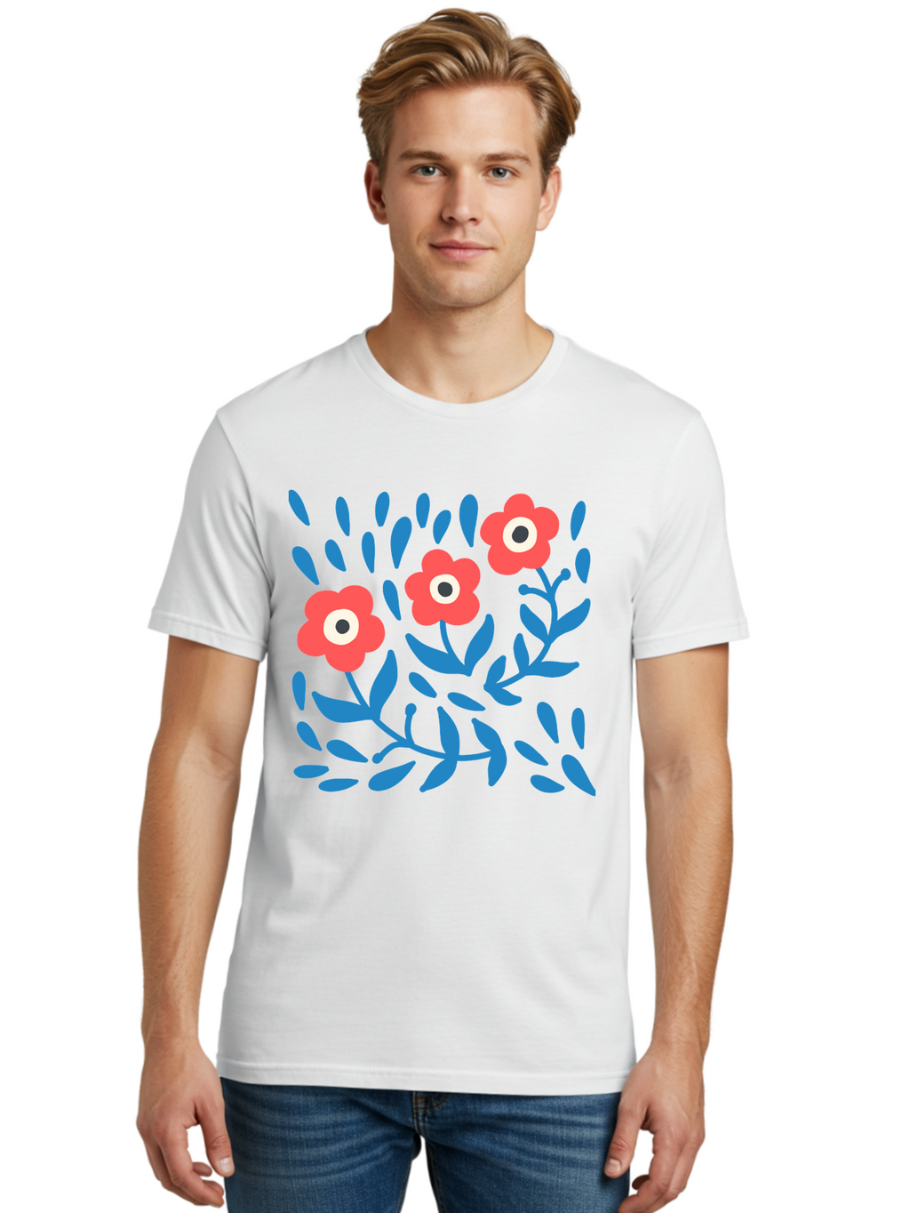 Three-Red-Flowers Men'S Graphic Tee, 100% Cotton, Comfortable Casual Summer Wear, Machine Washable, Red Flowers, Blue Leaves, Floral Pattern, Abstract Design, Minimalist Art, Vibrant Colors, Playful Style, Whimsical Illustration, Spring Theme, Aab804
