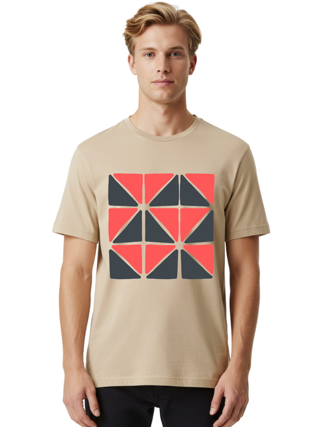 Triangles-Pattern Men'S Graphic Tee, 100% Cotton, Comfortable Casual Summer Wear, Machine Washable, Geometric Pattern, Pink And Gray Triangles, Modern Design, Abstract Art, Symmetrical Shapes, Graphic Elements, Digital Design Aab806