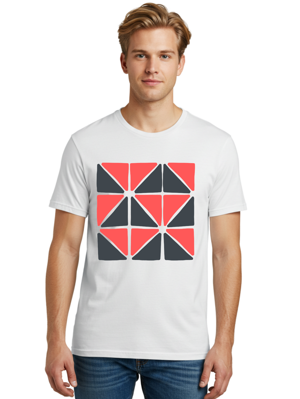 Triangles-Pattern Men'S Graphic Tee, 100% Cotton, Comfortable Casual Summer Wear, Machine Washable, Geometric Pattern, Pink And Gray Triangles, Modern Design, Abstract Art, Symmetrical Shapes, Graphic Elements, Digital Design Aab806