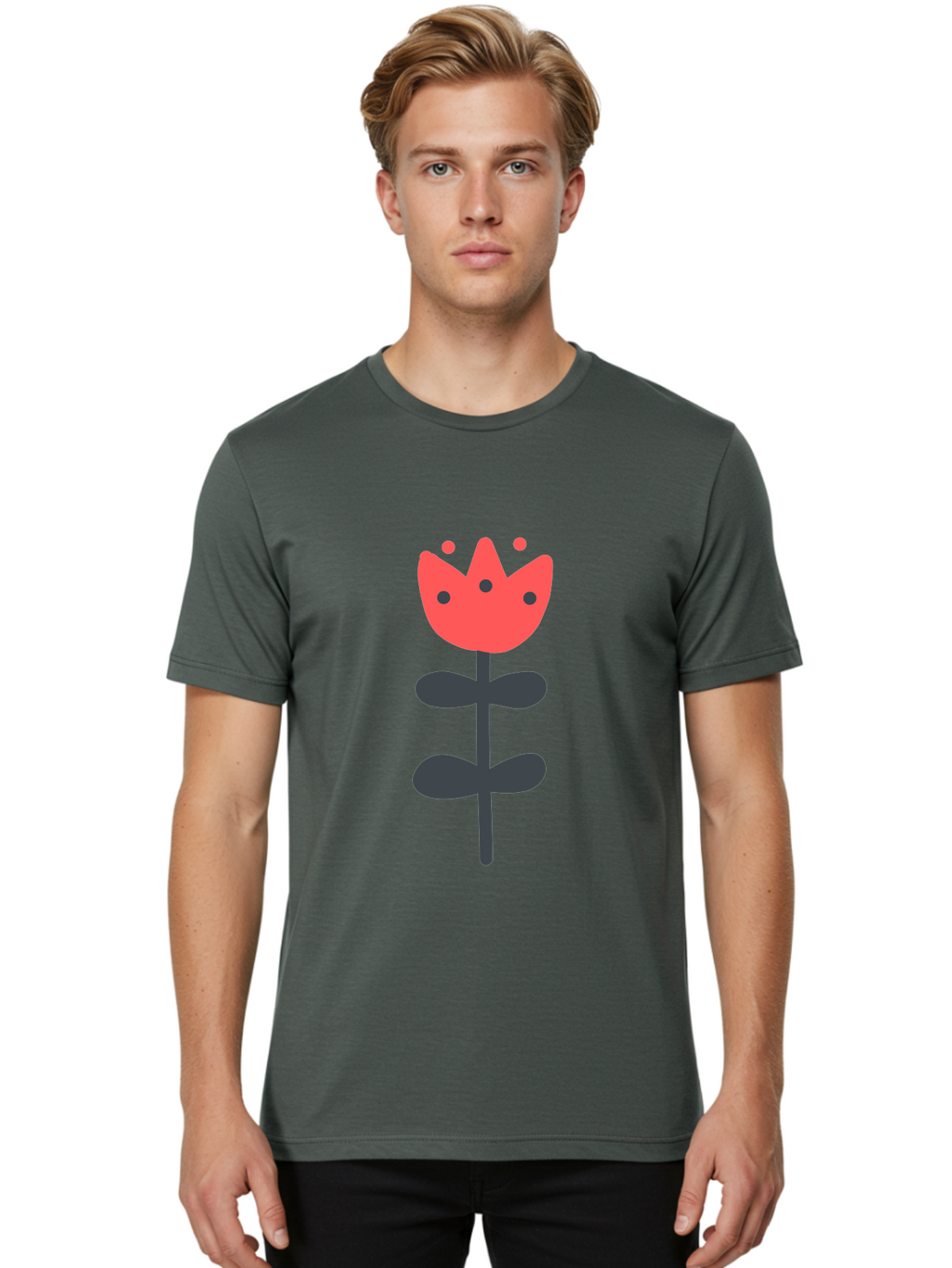 Tulip-1 Men'S Graphic Tee, 100% Cotton, Comfortable Casual Summer Wear, Machine Washable, Stylized Tulip, Cartoon Flower, Simple Design, Minimalist Art, Floral Illustration, Red Petals, Black Leaves, Cute Graphics, Modern Iconography, Aab808