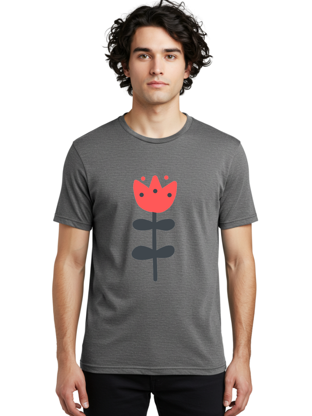 Tulip-1 Men'S Graphic Tee, 100% Cotton, Comfortable Casual Summer Wear, Machine Washable, Stylized Tulip, Cartoon Flower, Simple Design, Minimalist Art, Floral Illustration, Red Petals, Black Leaves, Cute Graphics, Modern Iconography, Aab808