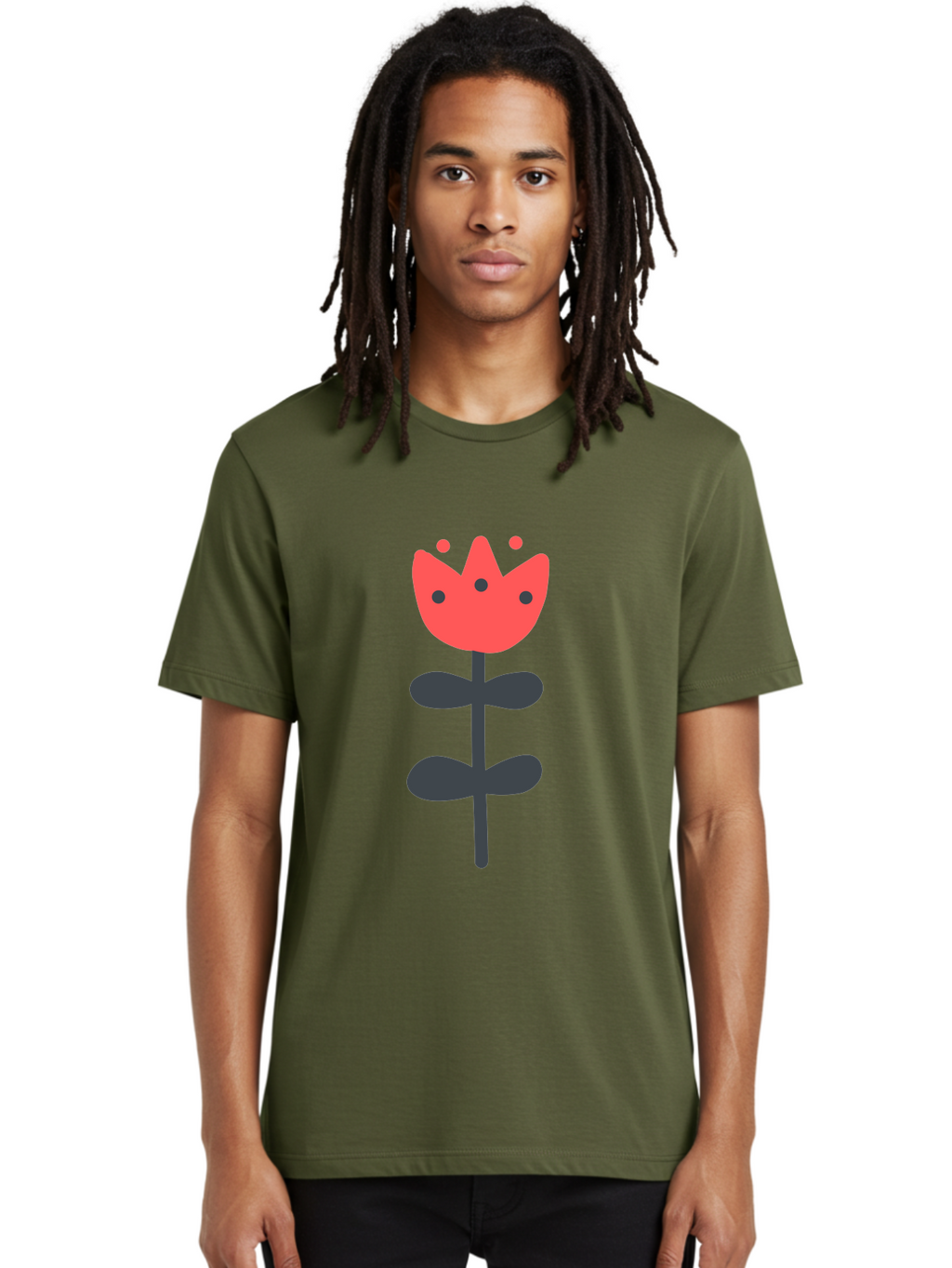 Tulip-1 Men'S Graphic Tee, 100% Cotton, Comfortable Casual Summer Wear, Machine Washable, Stylized Tulip, Cartoon Flower, Simple Design, Minimalist Art, Floral Illustration, Red Petals, Black Leaves, Cute Graphics, Modern Iconography, Aab808