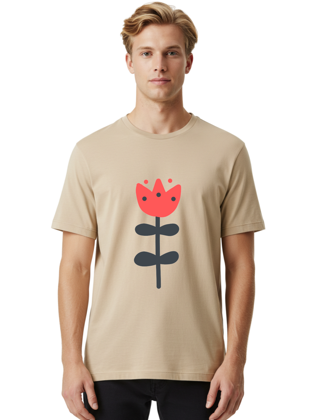 Tulip-1 Men'S Graphic Tee, 100% Cotton, Comfortable Casual Summer Wear, Machine Washable, Stylized Tulip, Cartoon Flower, Simple Design, Minimalist Art, Floral Illustration, Red Petals, Black Leaves, Cute Graphics, Modern Iconography, Aab808