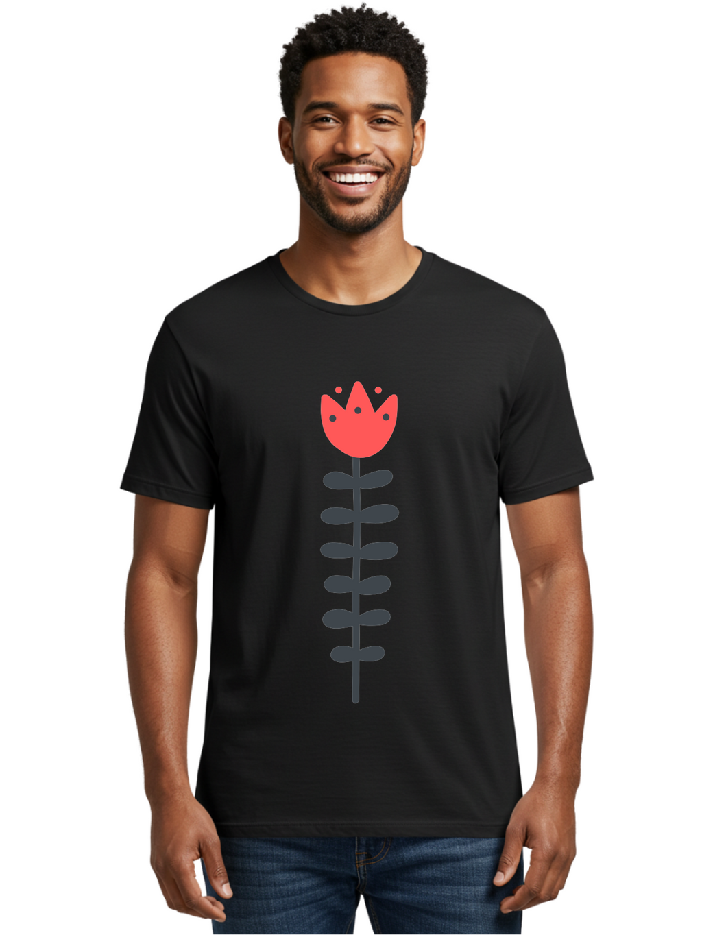 Tulip-Illustration Men'S Graphic Tee, 100% Cotton, Comfortable Casual Summer Wear, Machine Washable, Stylized Tulip, Minimalist Design, Simple Shapes, Red Tulip, Purple Leaves, Modern Art, Floral Motif, Artistic Expression, Creative Design Aab809
