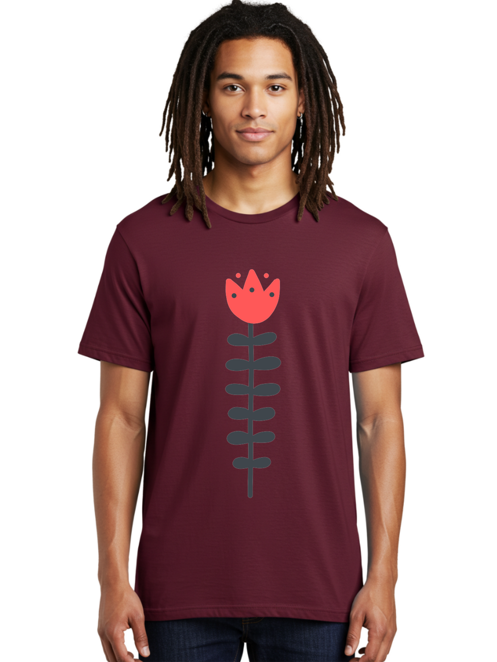 Tulip-Illustration Men'S Graphic Tee, 100% Cotton, Comfortable Casual Summer Wear, Machine Washable, Stylized Tulip, Minimalist Design, Simple Shapes, Red Tulip, Purple Leaves, Modern Art, Floral Motif, Artistic Expression, Creative Design Aab809