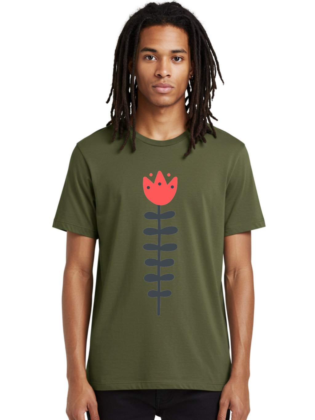 Tulip-Illustration Men'S Graphic Tee, 100% Cotton, Comfortable Casual Summer Wear, Machine Washable, Stylized Tulip, Minimalist Design, Simple Shapes, Red Tulip, Purple Leaves, Modern Art, Floral Motif, Artistic Expression, Creative Design Aab809