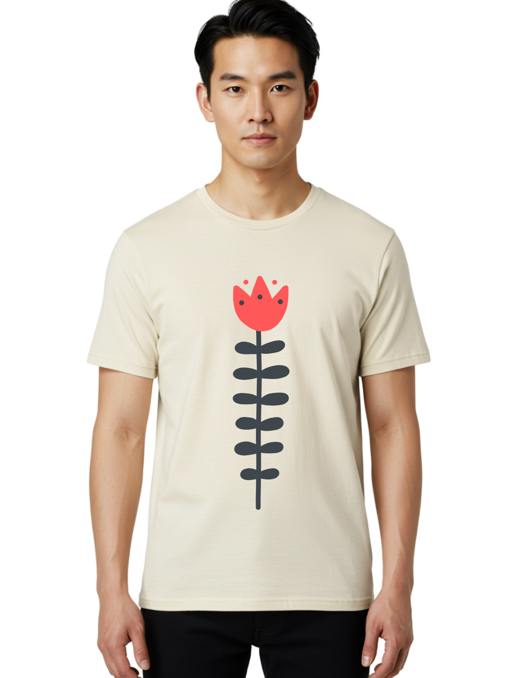 Tulip-Illustration Men'S Graphic Tee, 100% Cotton, Comfortable Casual Summer Wear, Machine Washable, Stylized Tulip, Minimalist Design, Simple Shapes, Red Tulip, Purple Leaves, Modern Art, Floral Motif, Artistic Expression, Creative Design Aab809